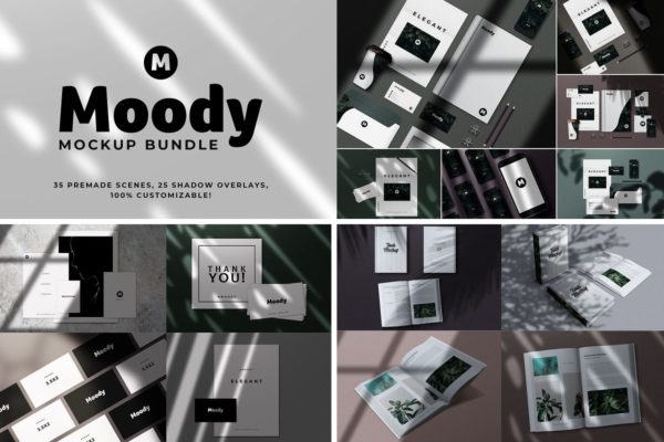 35款巨量书籍画册办公用品设计展示样机模板 Huge Moody Shadow Bundle