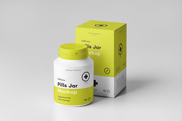 逼真医疗塑料药瓶包装盒设计展示样机模板 Pills Jar Mockup