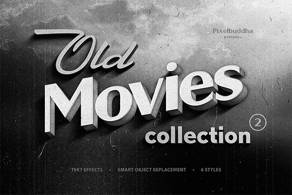 6个怀旧复古黑白调电影标题3D字体PS图层样式 Old Movie Titles Collection 2