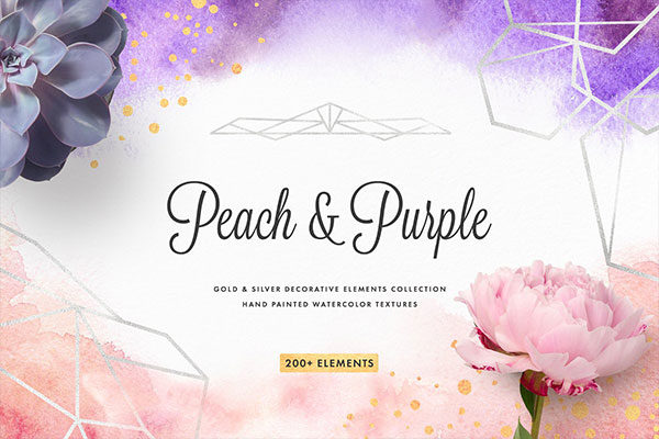 31个桃红色飞溅水彩背景&金银线框素材 Peach & Purple Decor Collection