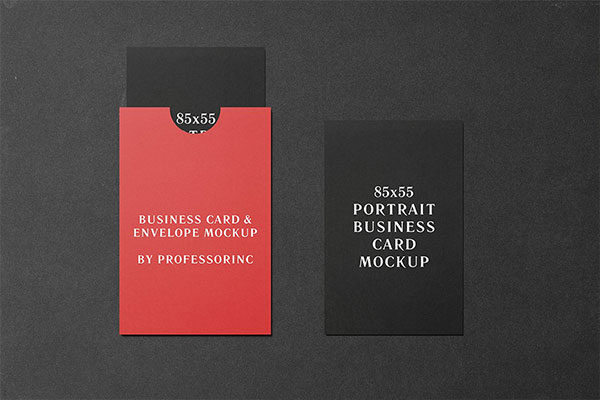 带封套黑色名片邀请卡设计展示图样机模板 85×55 Portrait Business Card Mockup