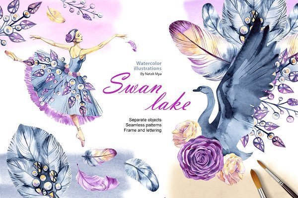 42种芭蕾舞女演员元素手绘水彩插画 Watercolor Swan Lake