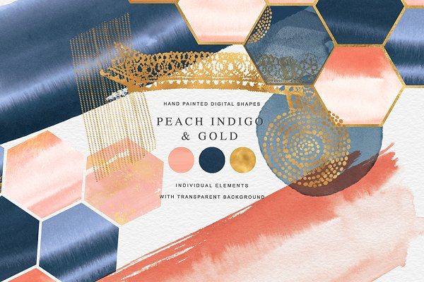 金色桃红水彩背景纹理素材 Watercolor Shapes Peach Indigo Gold