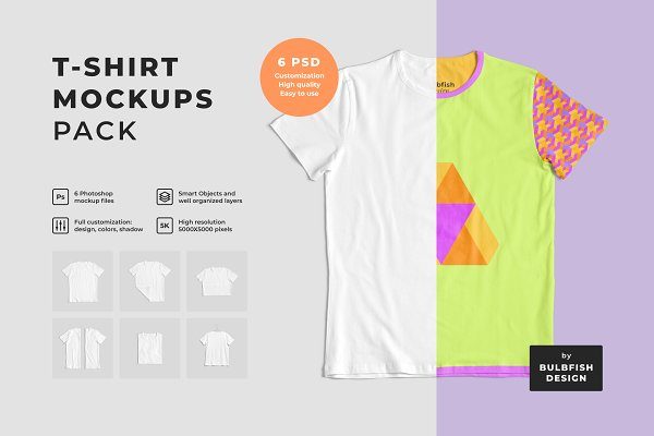 6款半袖T恤衫设计展示样机模板 Customizable T-Shirt Mockups Pack