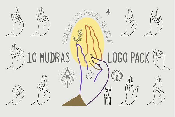 10款瑜伽手势元素矢量插画素材 10 Mudras & Logo Pack