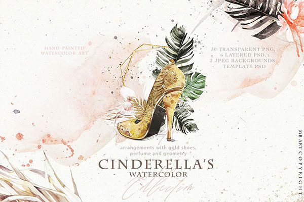 女性高跟鞋化妆品花卉水彩剪贴画 Cinderella’s Shoe Watercolor