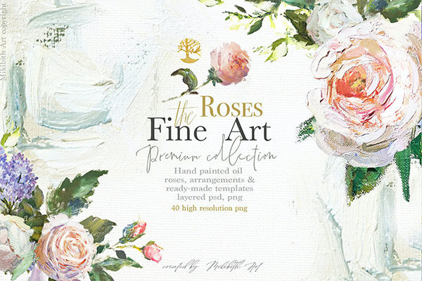 油画风格手绘玫瑰花水彩剪贴画 Oil Painted Fine Art Roses Collection