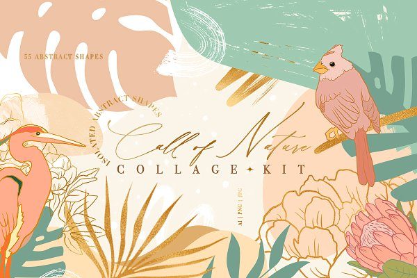 抽象夏季鸟类植物花卉插画素材 Call Of Nature Collage Kit