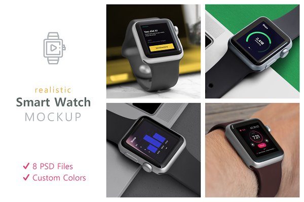 8款智能手表屏幕展示样机模板 Realistic Smart Watch Mockups