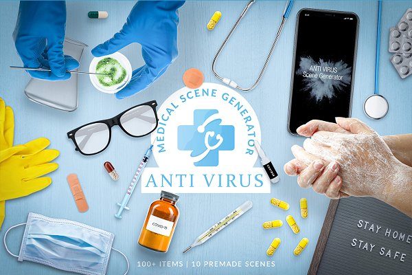 医疗品牌设计场景展示样机模板 AntiVirus – Medical Scene Generator