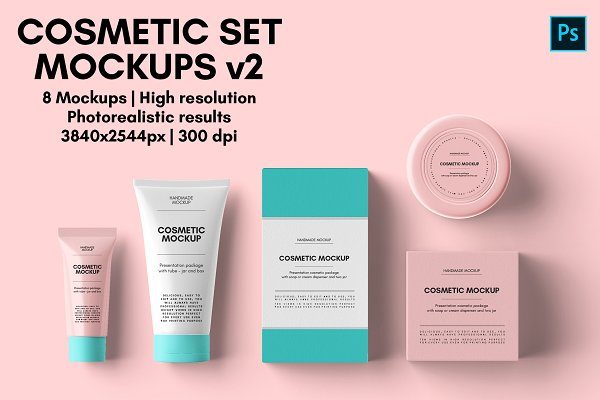 8款化妆品护肤品包装套装样机模板 Cosmetic Set Mockups v2 – 8 views