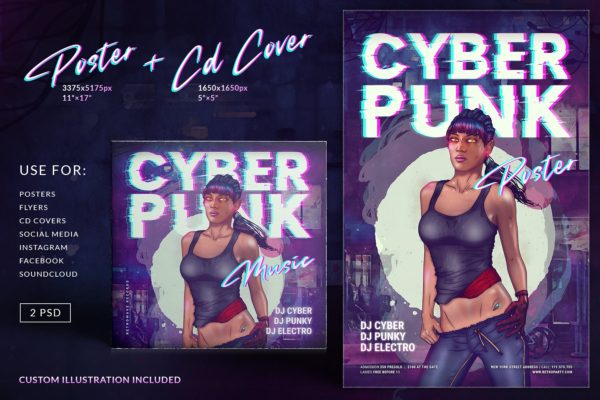 复古赛博朋克CD封面海报模板 Cyberpunk Poster CD Cover