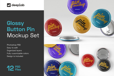 12款胸针徽章展示PSD样机 Glossy Button Pin Mockup Set