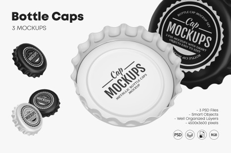 啤酒汽水瓶盖样机模板 Metallic Bottle Caps Mockup Set