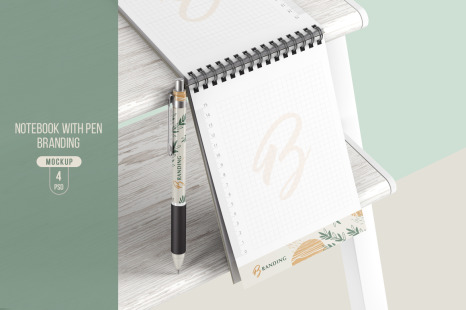 带螺旋笔记本展示样机 Notebook With Pen Branding Mockup