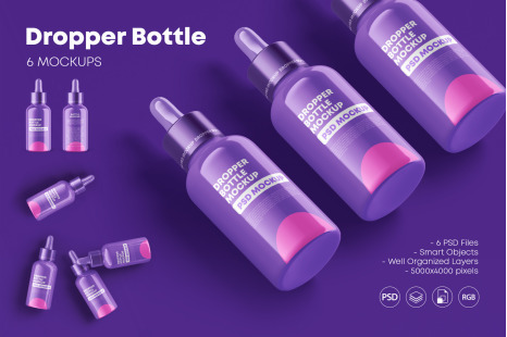 6款药物化妆品滴管瓶样机模板 Glossy Dropper Bottle Mockup Set