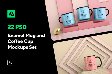 22个搪瓷杯和咖啡杯样机模板 Enamel Mug and Coffee Cup Mockups Set