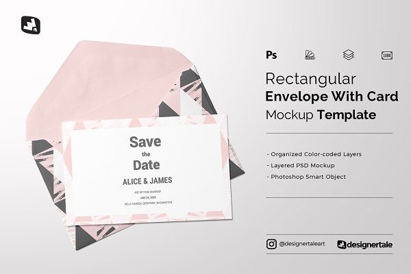 邀请函卡片信封样机模板 Rectangular Envelope & Card Mockup