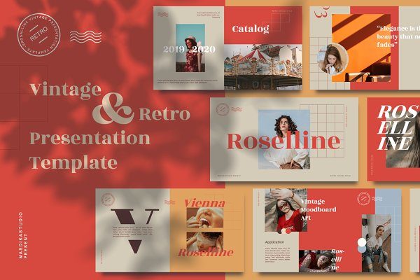 现代潮流服装作品集演示文稿模板 Roselline – Vintage Retro Presentations Templates