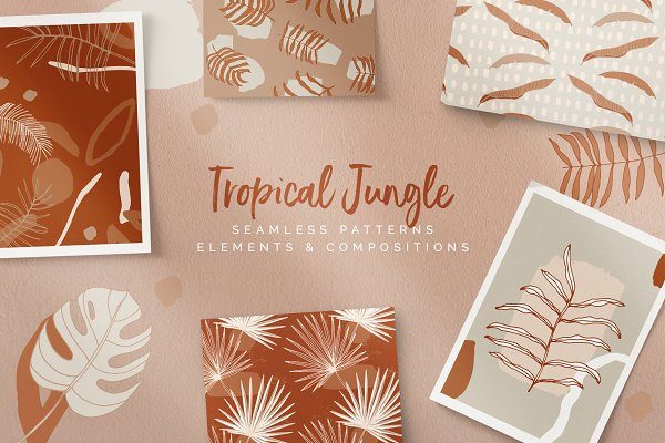 20款手绘热带树叶无缝隙矢量图案 Tropical Jungle Patterns & Elements