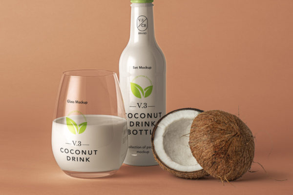 简约饮料果汁玻璃瓶设计样机PSD模板 Coconut Drink Psd Bottle Mockup