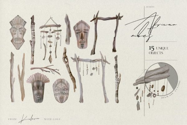 神秘非洲原始民族元素水彩剪贴画素材 African Mystic Objects – Watercolor Ethno Set