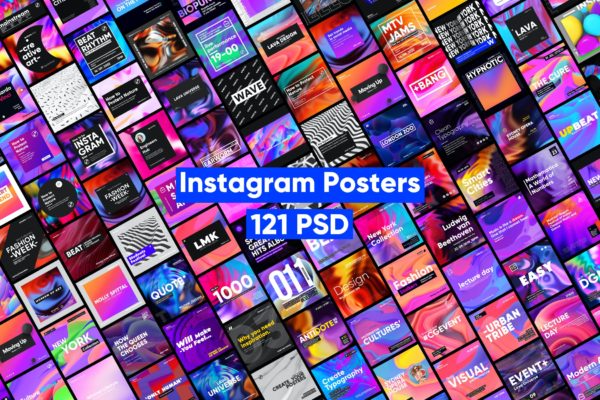 121款潮流全息渐变新媒体海报设计PSD模板 Instagram Posters