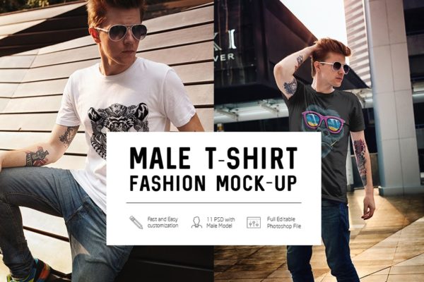 11款男士T恤半袖衫印花设计展示样机模板 Male T-Shirt Fashion Mockup