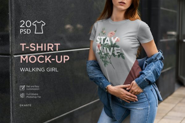 20款女士半袖T恤衫印花设计展示样机模板 T-Shirt Mockup Walking Girl