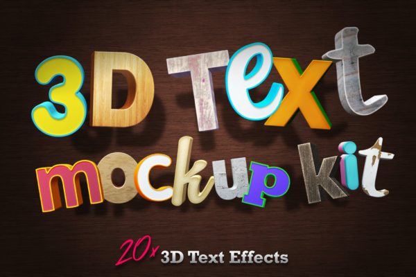 逼真多材质3D效果标题字体设计PSD模板 3D Text Mockup Kit