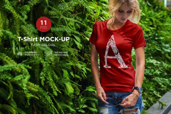 11款女孩半袖T恤印花设计样机模板 T-Shirt Mockup Fashion Girl