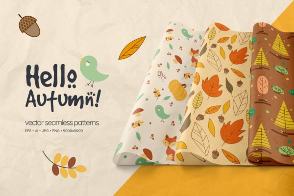 唯美秋天森林动植物矢量图形背景素材 Autumn Seamless Patterns