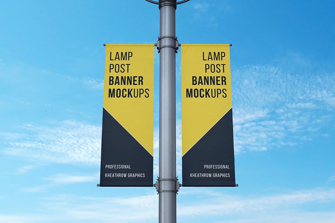 城市灯柱横幅条旗样机模板 city lamp post banners mockups