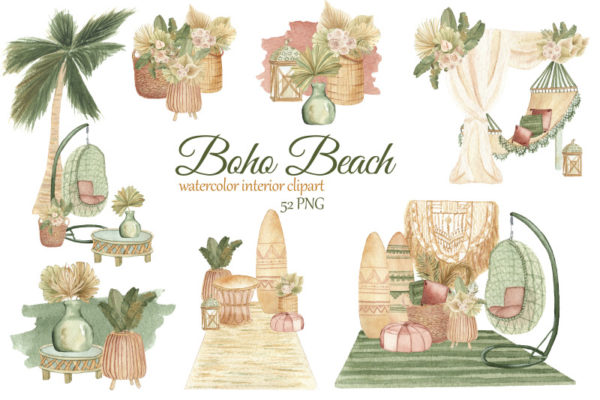 波西米亚风海滨别墅室内装饰水彩剪贴画素材 Boho Beach House Clipart