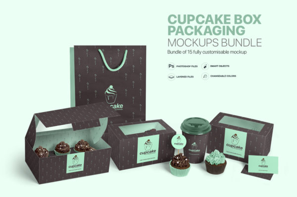 15款蛋糕纸杯包装盒套装设计展示样机模板 Cupcake Box Packaging Mockups Bundle