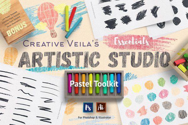140种抽象手绘粉笔笔刷矢量纹理素材 Artistic Studio Pastel Toolkit