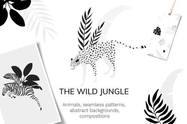 现代抽象丛林动物植物手绘图案矢量插画素材 Jungle Animals Vector Set