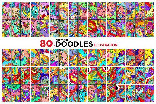 80个潮流抽象卡通涂鸦海报设计矢量插图 80 Cartoon Doodle Illustrations