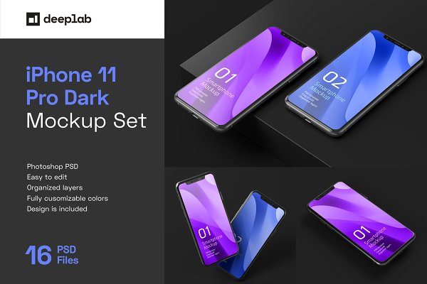 16款应用程序设计预览黑色iPhone 11 Pro屏幕演示样机模板 Dark iPhone 11 Pro Dark Mockup