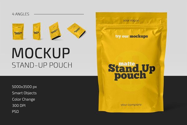 食品小零食自封塑料包装袋样机模板 Matte Stand-Up Pouch Mockup Set