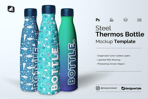 保温热水瓶样机模板 Steel Thermos Bottle Mockup