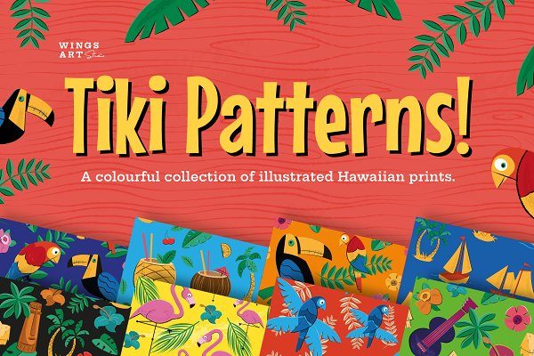8款夏季夏威夷无缝隙背景纹理矢量素材 Tiki and Hawaiian Seamless Patterns