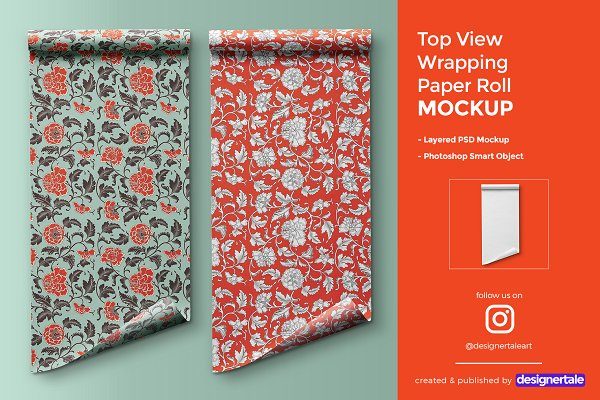 顶视图包装卷纸PSD样机模板 Top View Wrapping Paper Roll Mockup