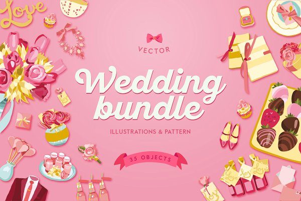 35个粉色婚礼元素矢量图案设计素材 Pink Wedding Illustrations Bundle