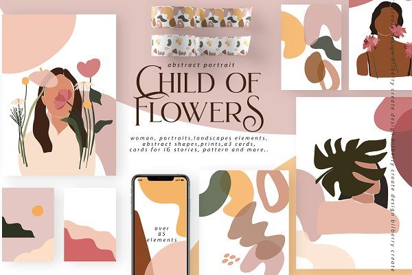 85多个抽象女孩风景形状矢量图案素材 Child Of Flowers Abstract Portrait