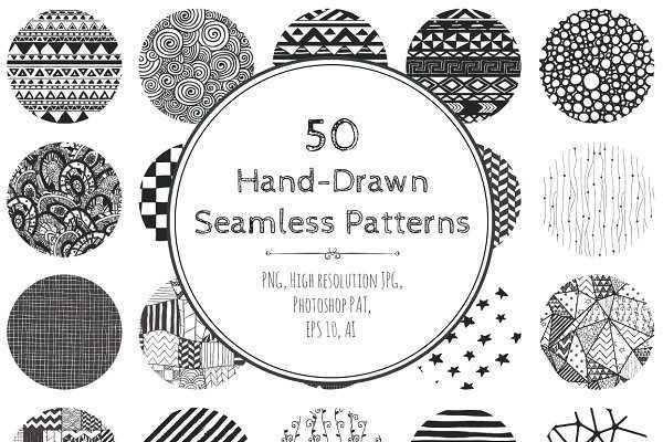 50款可爱黑色手绘涂鸦无缝隙背景图案 50 Hand Drawn Patterns