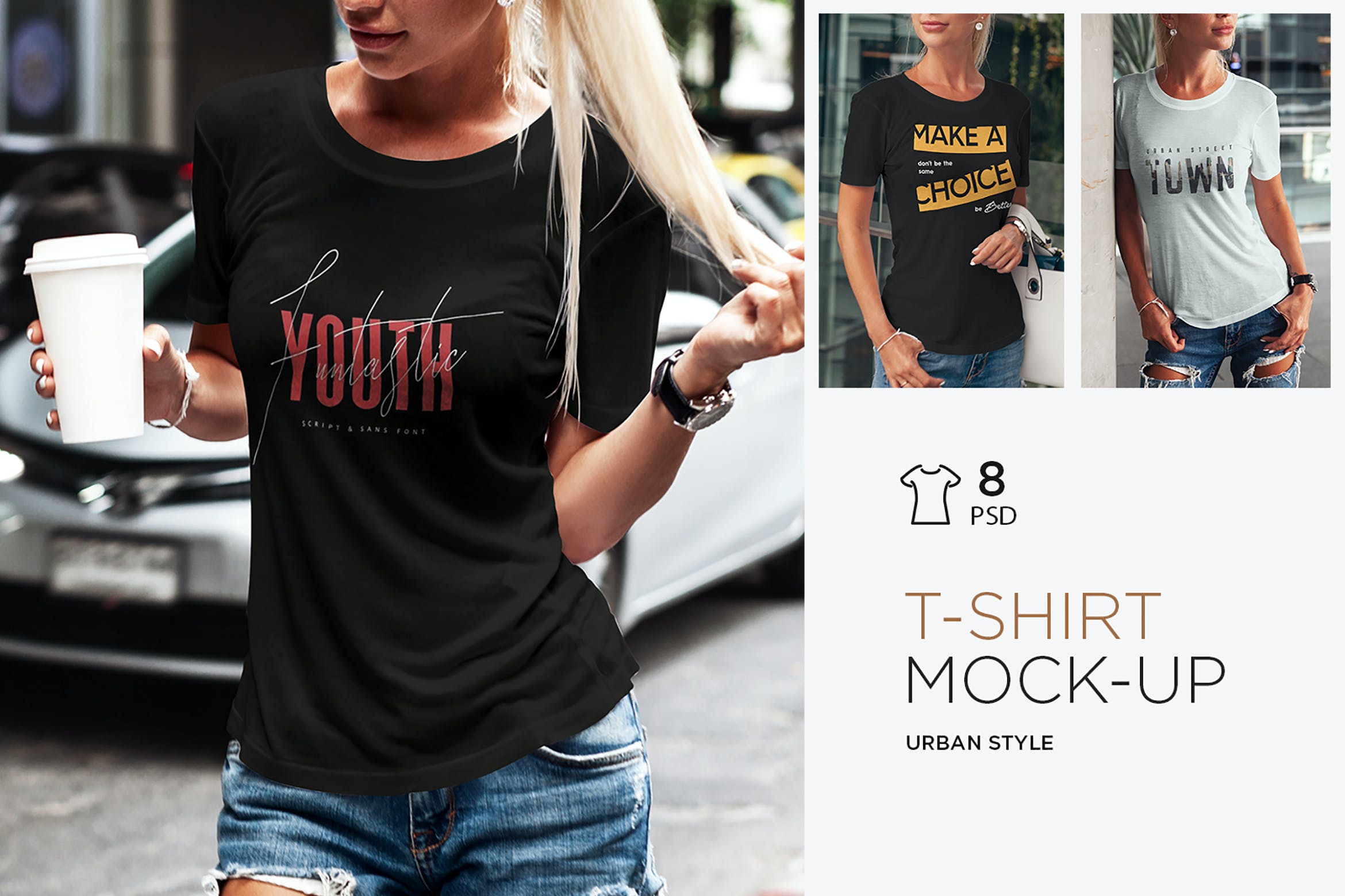 8款都市女孩T恤半袖印花设计样机 T-Shirt Mockup Urban Style