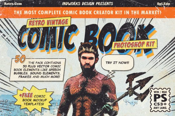 逼真复古手绘漫画效果照片后期处理特效PS动作 Retro Comic Book Photoshop Action Kit
