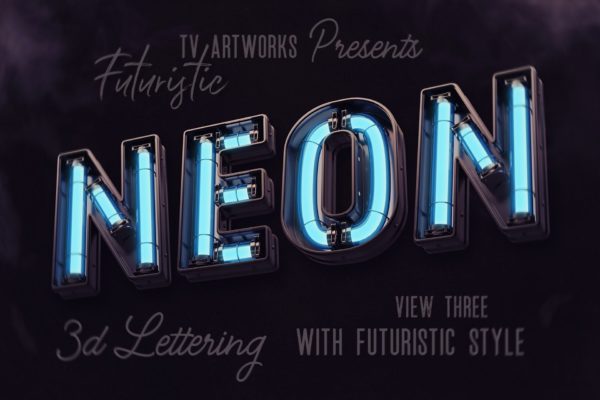 高清未来派科幻霓虹灯效果3D字母标题字体设计PNG图片素材 Futuristic Neon 3D Lettering View 3
