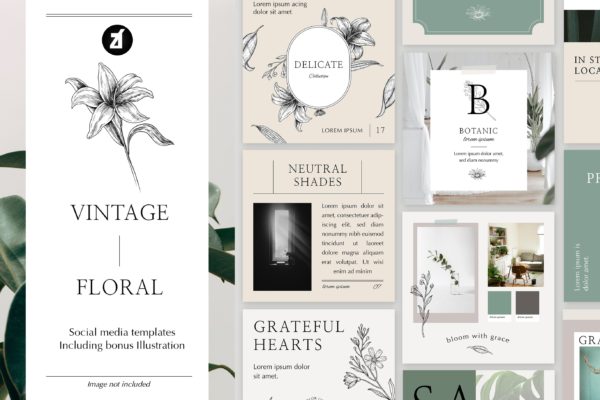 复古花卉品牌推广社交新媒体海报设计PSD模板 Vintage Floral Social Media Graphic Templates